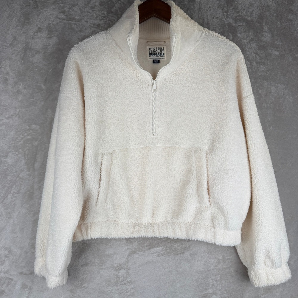American Eagle Cream Sherpa Quarter Zip Fleece Pullover M Relaxed Cropped Teddy